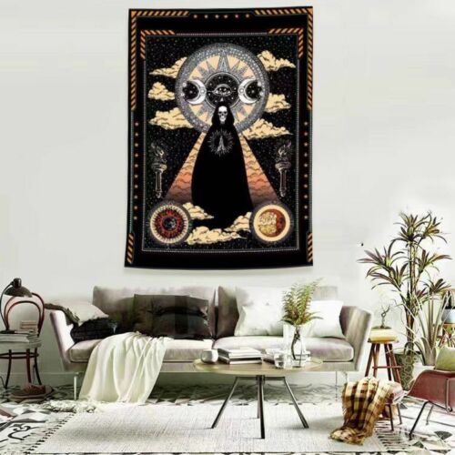 Psychedelic Tapestry White Black Sun Moon Mandala Wall Hanging Celestial Hippie