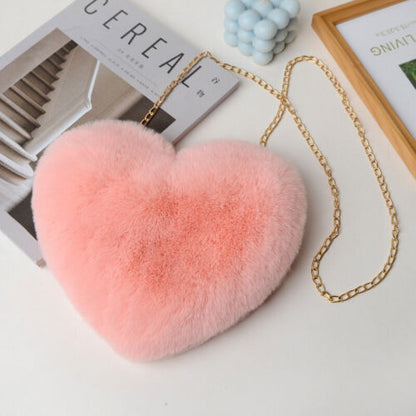 Womens Heart Shape Faux Fur Bag Shoulder Handbag Crossbody Bag Purse Zipper