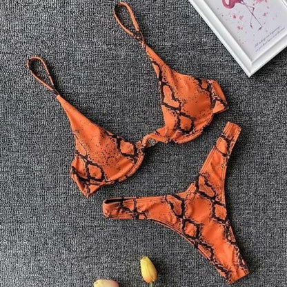 Women Swimsuit V-bar Underwired Ribbed Thong Swimwear Two-pieces Bikini Push Up