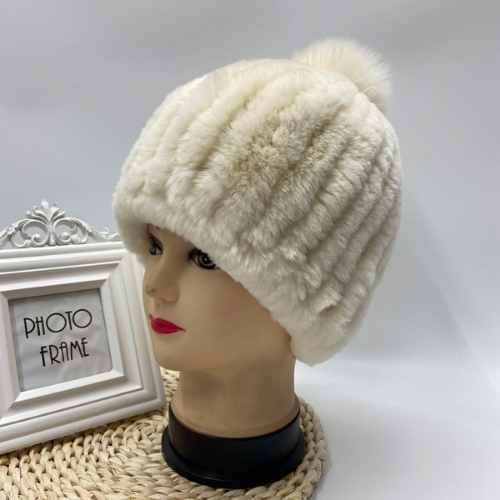 Hot Sale Knitted Pompom Hats Women Beanies Elastic Rabbit Fur Caps Real Fur Hats