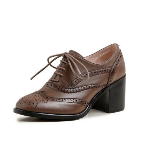 Womens Lace Up Round Toe Pumps Brogue Wing Tip Oxford College Style Casual Shoes