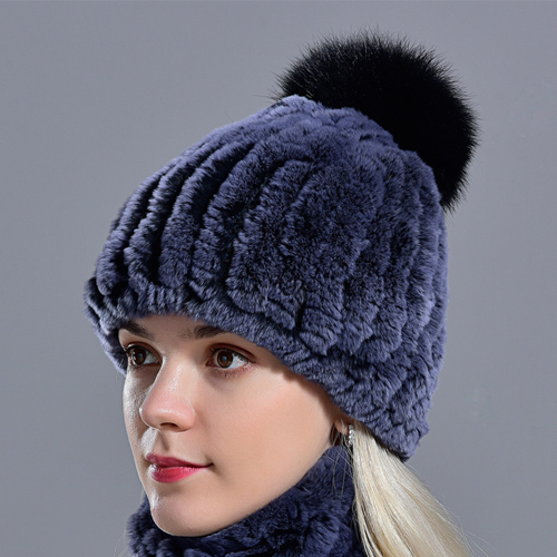 Hot Sale Knitted Pompom Hats Women Beanies Elastic Rabbit Fur Caps Real Fur Hats