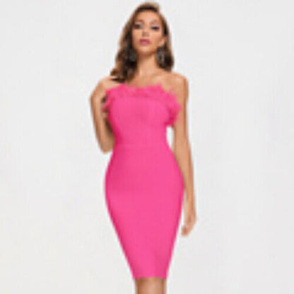 White Sexy Feathers Bandage Dresses For Women Pink Bodycon Dress Club