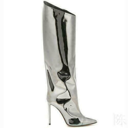 Women Metallic Mirror Patent Leather High Heel Knee High Boots Side Zipper Boots