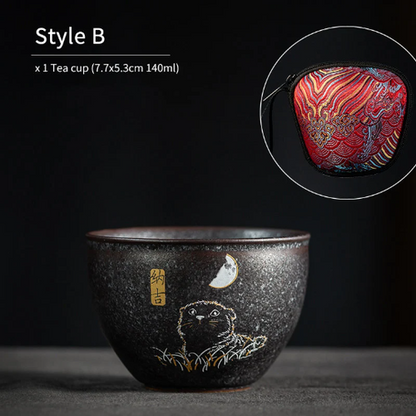 Lovely Cat Black Ceramic Tea Cup Asia Tea Cup for Tea Lover 140ml