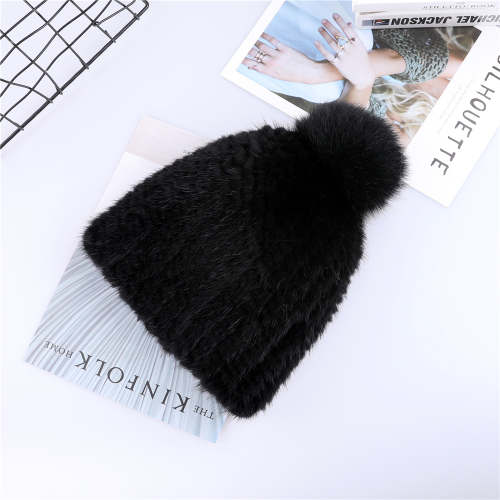 Real Mink Fur Hat Women Knitted Beanie Cap with Fur Pom Poms Thick Cap Elastic