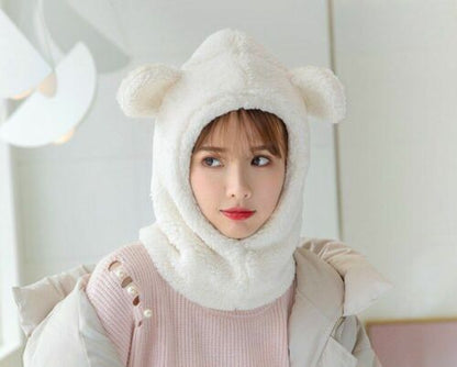 Warm Hats Winter Cute Bear Ears Windproof Neck Scarf Cap Student Women Cashmere