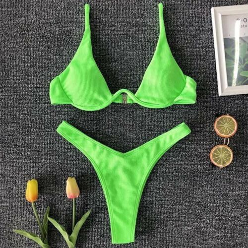 Women Swimsuit V-bar Underwired Ribbed Thong Swimwear Two-pieces Bikini Push Up