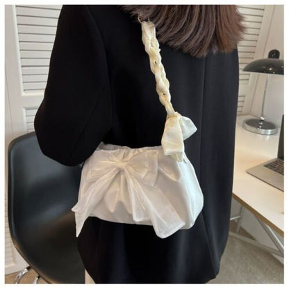 White Bow Versatile Shoulder Bag Summer Autumn Pleated Cloud Handbag 28*15*8 cm