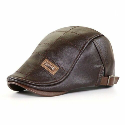 Winter Leather Cap Hat Warm Vintage Flat Casual Patchwork Beret Hiking Male