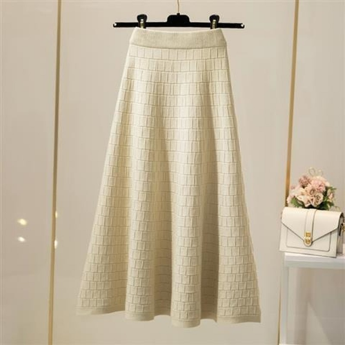 Elastic High Waist Knitted Skirt Women Plaid Solid Color A-line Bag Hip Skirt