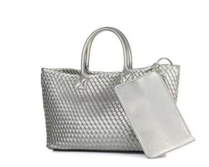 Tote Synthetic Leather Knitting Shoulder Shopper Bag Woven Large Purse Black 1PC