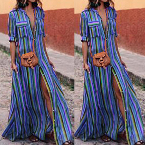 Women's button stripe casual loose long-sleeved shirt dress fashion