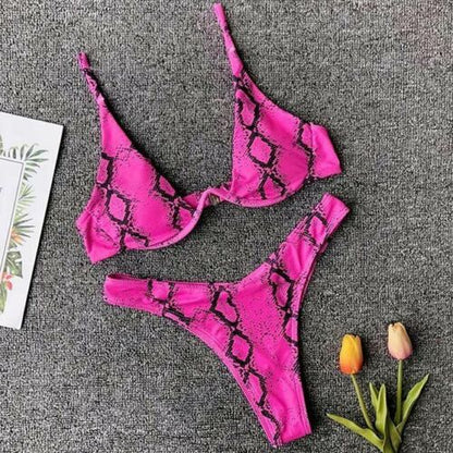 Women Swimsuit V-bar Underwired Ribbed Thong Swimwear Two-pieces Bikini Push Up
