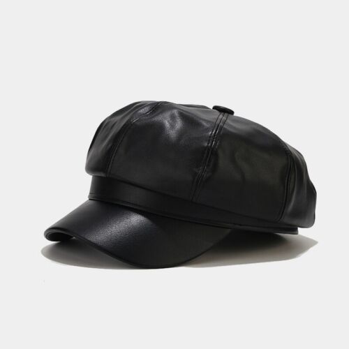 Lady Girl Newsboy Gatsby Beret Baker Boy Hat Cap Sheepskin Leather Vintage Black