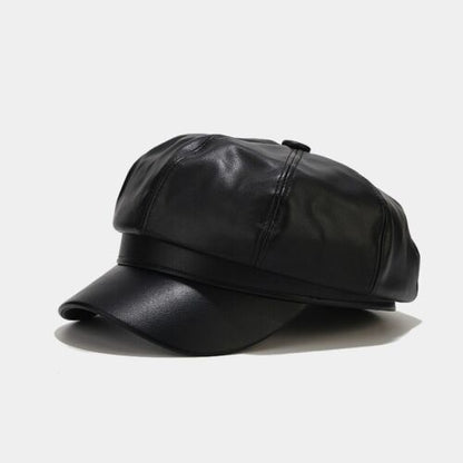 Lady Girl Newsboy Gatsby Beret Baker Boy Hat Cap Sheepskin Leather Vintage Black