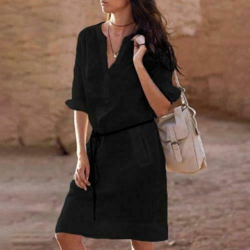Sexy Lady Button Long Tops Tunic Linen Boho Ladies Casual Beach Shirt Dress New