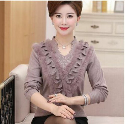 Women Sweater Cashmere Woolen Plus Size Embroidering Diamond - Studded Pullover