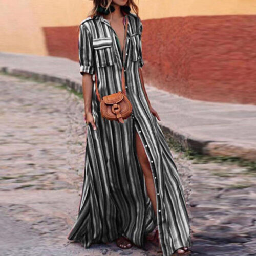 Women's button stripe casual loose long-sleeved shirt dress fashion