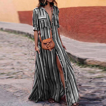 Women's button stripe casual loose long-sleeved shirt dress fashion