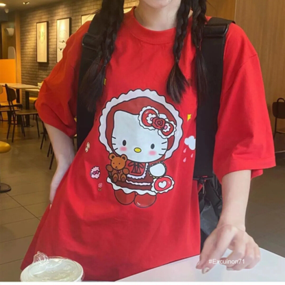 Vintage Y2K Womens Cute Hello Kitty Red Casual Short Sleeves Tops Loose