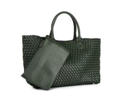 Tote Synthetic Leather Knitting Shoulder Shopper Bag Woven Large Purse Black 1PC