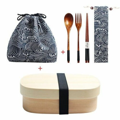 Wooden Lunch Box Picnic Japanese Bento School Kids Dinnerware Set Bag Spoon Fork
