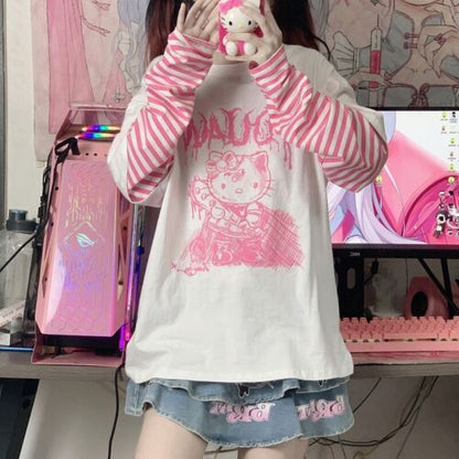 Japanese sweet loose Kawaii cute Hello Kitty blouse long-sleeved T-shirt women
