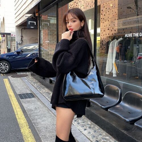 Women Shoulder Bags Vintage Patent Leather Underarm Bag Retro Half Moon Handbags