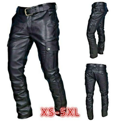 Mens Biker Motorcycle Leather Pants Pockets Straight Leg Windproof PU Trousers L