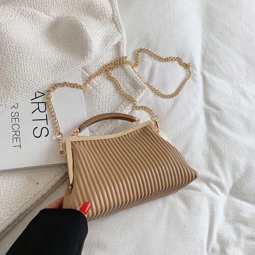 Handbag Mental Handle Pleated Shell Bag Clutch Purse Crossbody 14*23*9 CM Purse
