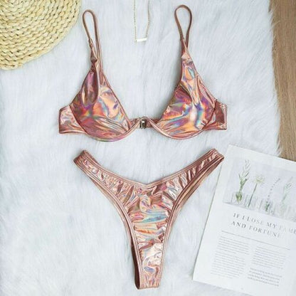 Women Swimsuit V-bar Underwired Ribbed Thong Swimwear Two-pieces Bikini Push Up