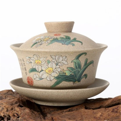 Pottery Gaiwan Floral Mountain-river Tureen Chinese Tea Cup Bowl Lid Saucer Cups