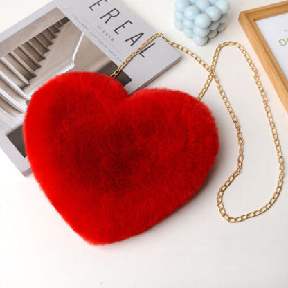 Womens Heart Shape Faux Fur Bag Shoulder Handbag Crossbody Bag Purse Zipper