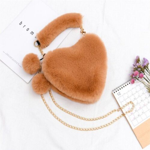 Faux Fur Winter Women Handbag Cute Heart Shaped Shoulder Bag Purse Messenger Bag
