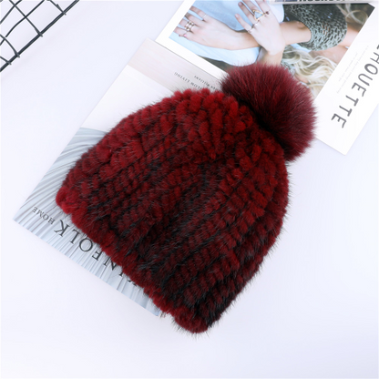 Real Mink Fur Hat Women Knitted Beanie Cap with Fur Pom Poms Thick Cap Elastic