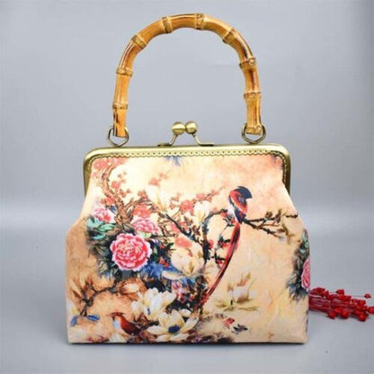 Bamboo Lock Shell Bag Vintage Flower Bag Chain Shoulder Crossbody Handmade Purse