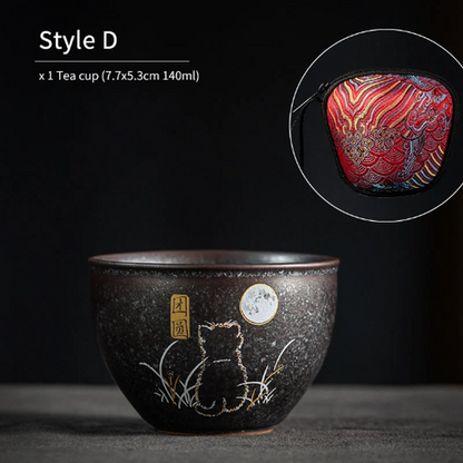 Lovely Cat Black Ceramic Tea Cup Asia Tea Cup for Tea Lover 140ml