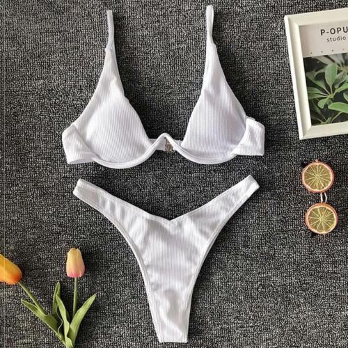 Women Swimsuit V-bar Underwired Ribbed Thong Swimwear Two-pieces Bikini Push Up
