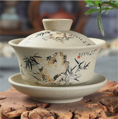 Pottery Gaiwan Floral Mountain-river Tureen Chinese Tea Cup Bowl Lid Saucer Cups
