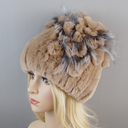 New Women Fur Hat Winter Handmade Rabbit Fur Cap Fur Headwear Warm Beanies Cap