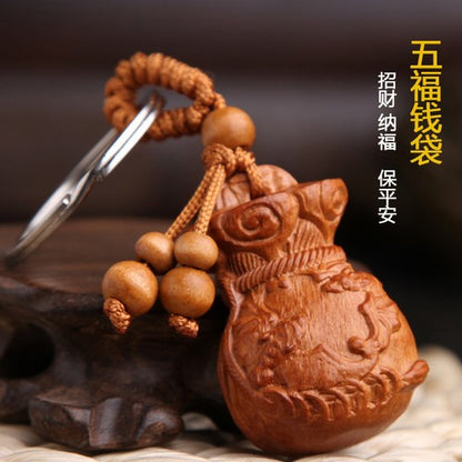 Peach Wood Carving Safe Money Bag Lucky Bag Keychain Wood Carving Car Pendant