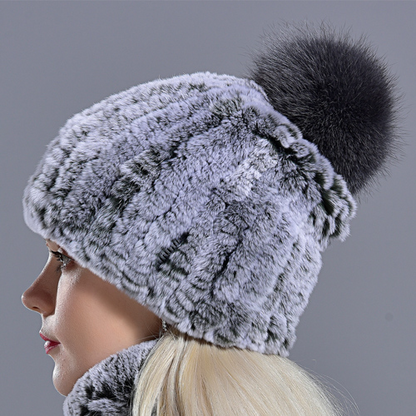 Hot Sale Knitted Pompom Hats Women Beanies Elastic Rabbit Fur Caps Real Fur Hats
