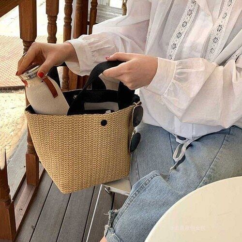 Straw Bags Women Handmade Woven Basket Tote Beach Bags Canvas Handbags
