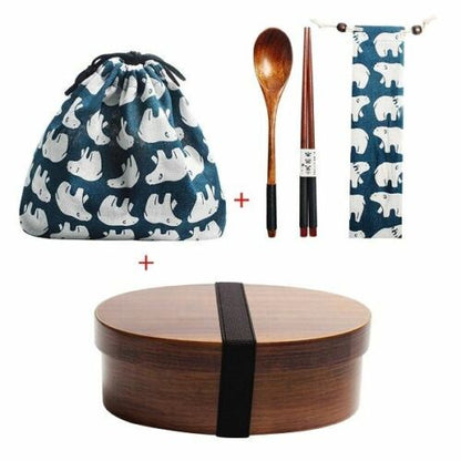 Wooden Lunch Box Picnic Japanese Bento School Kids Dinnerware Set Bag Spoon Fork