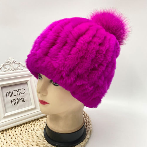 Hot Sale Knitted Pompom Hats Women Beanies Elastic Rabbit Fur Caps Real Fur Hats