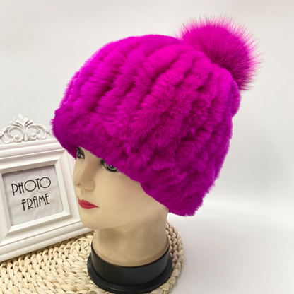 Hot Sale Knitted Pompom Hats Women Beanies Elastic Rabbit Fur Caps Real Fur Hats