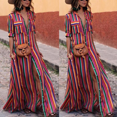 Women's button stripe casual loose long-sleeved shirt dress fashion