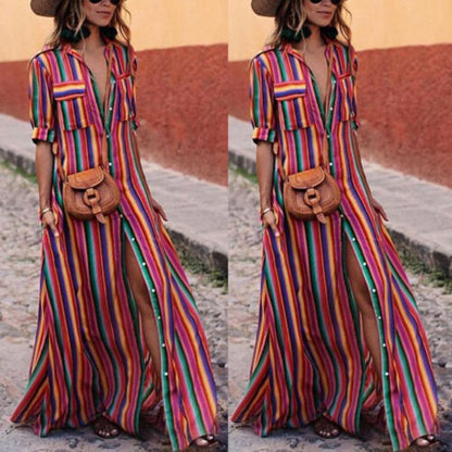 Women's button stripe casual loose long-sleeved shirt dress fashion