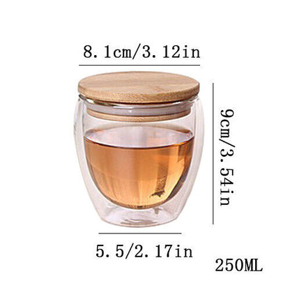 Double Glass Cup Coffee Mugs Tea Cup Tea Set Transparent Heat-resistant Wood Lid